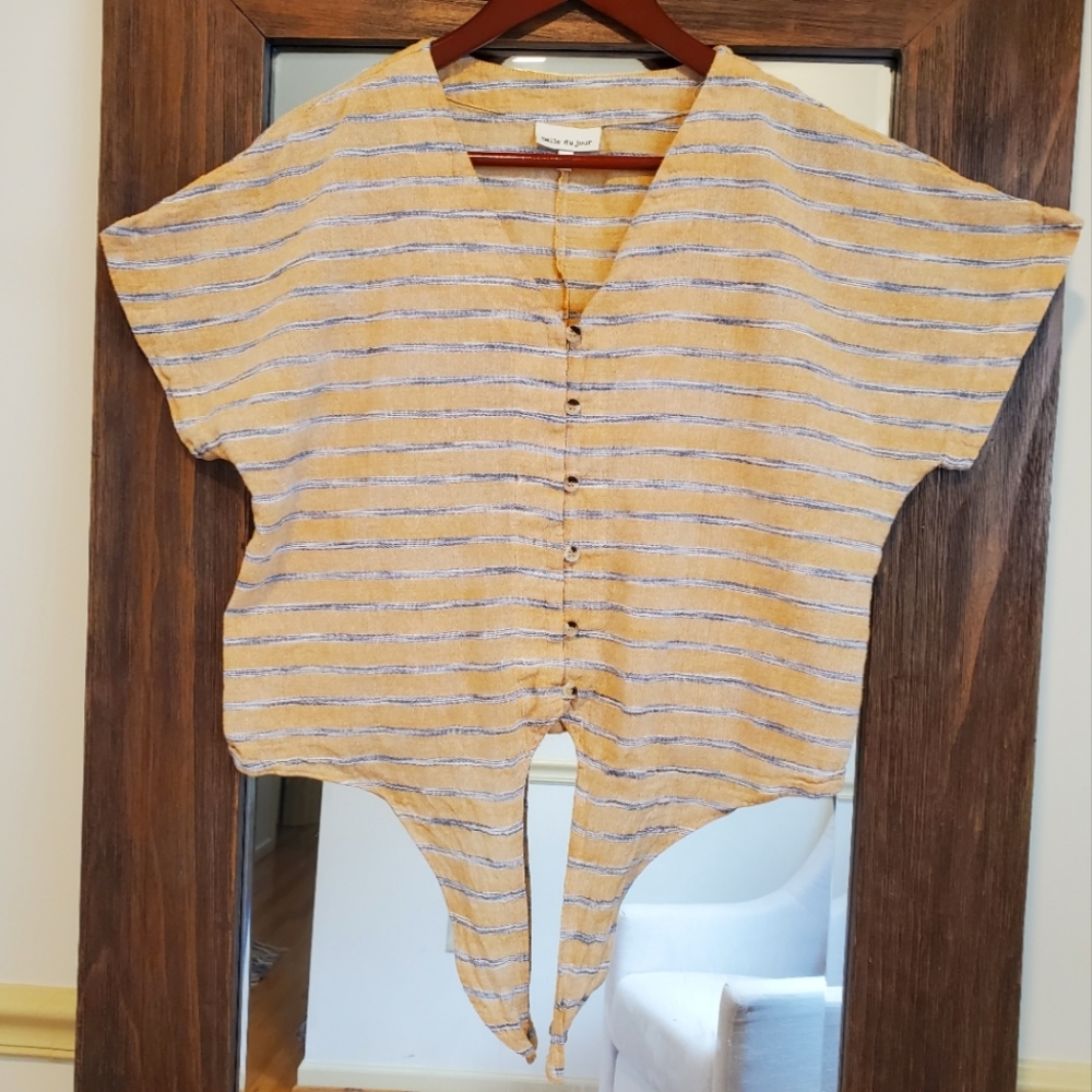 Yellow and Blue Striped Tie Bottom Shirt, size small